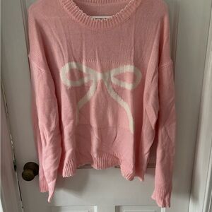 SHEIN Pink Crewneck Sweater with White Bow Accent